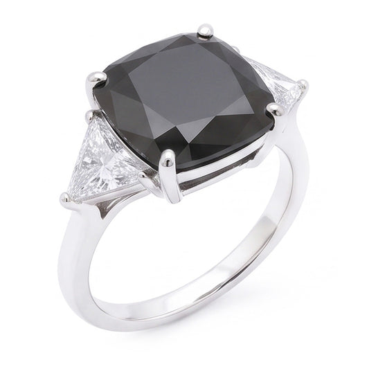 Schwarzer Damen-Verlobungsring 3,6 Karat Echter Diamant im Kissenschliff Trilliant Drei-Stein 14 Karat Weißgold