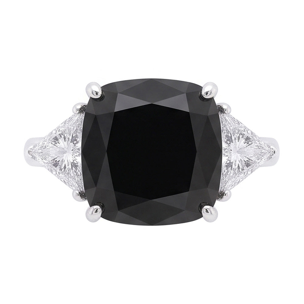 Schwarzer Damen-Verlobungsring 3,6 Karat Echter Diamant im Kissenschliff Trilliant Drei-Stein 14 Karat Weißgold