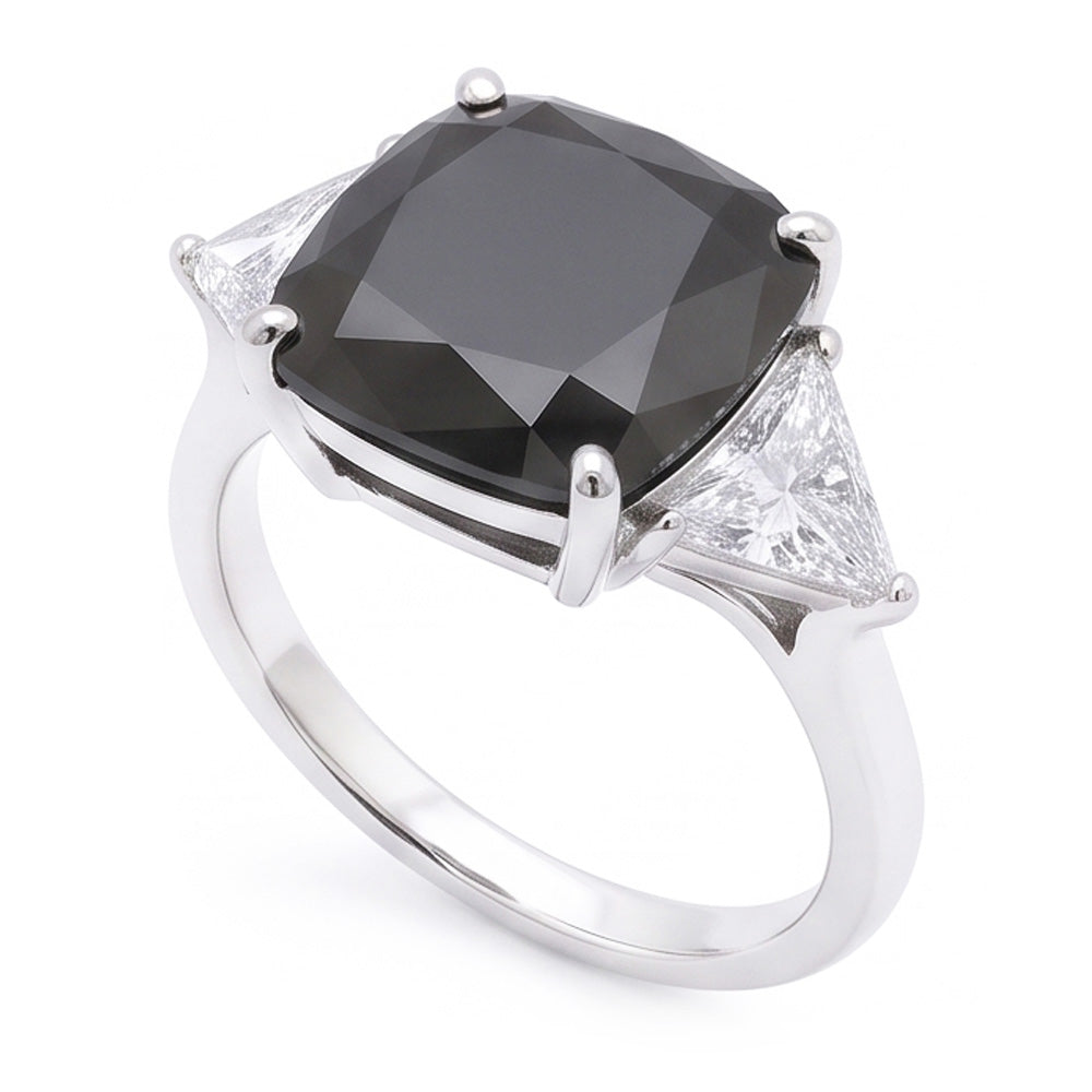Schwarzer Damen-Verlobungsring 3,6 Karat Echter Diamant im Kissenschliff Trilliant Drei-Stein 14 Karat Weißgold