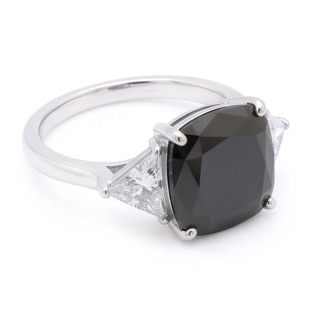 Schwarzer Damen-Verlobungsring 3,6 Karat Echter Diamant im Kissenschliff Trilliant Drei-Stein 14 Karat Weißgold