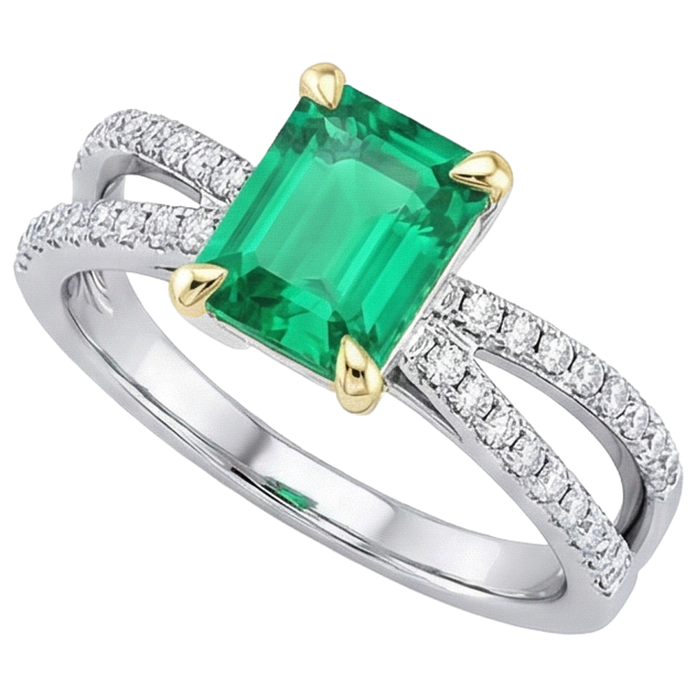 Edler Smaragd Edelstein-Ring 2-Karat Zweifarbiges 14K Gold – Frontansicht