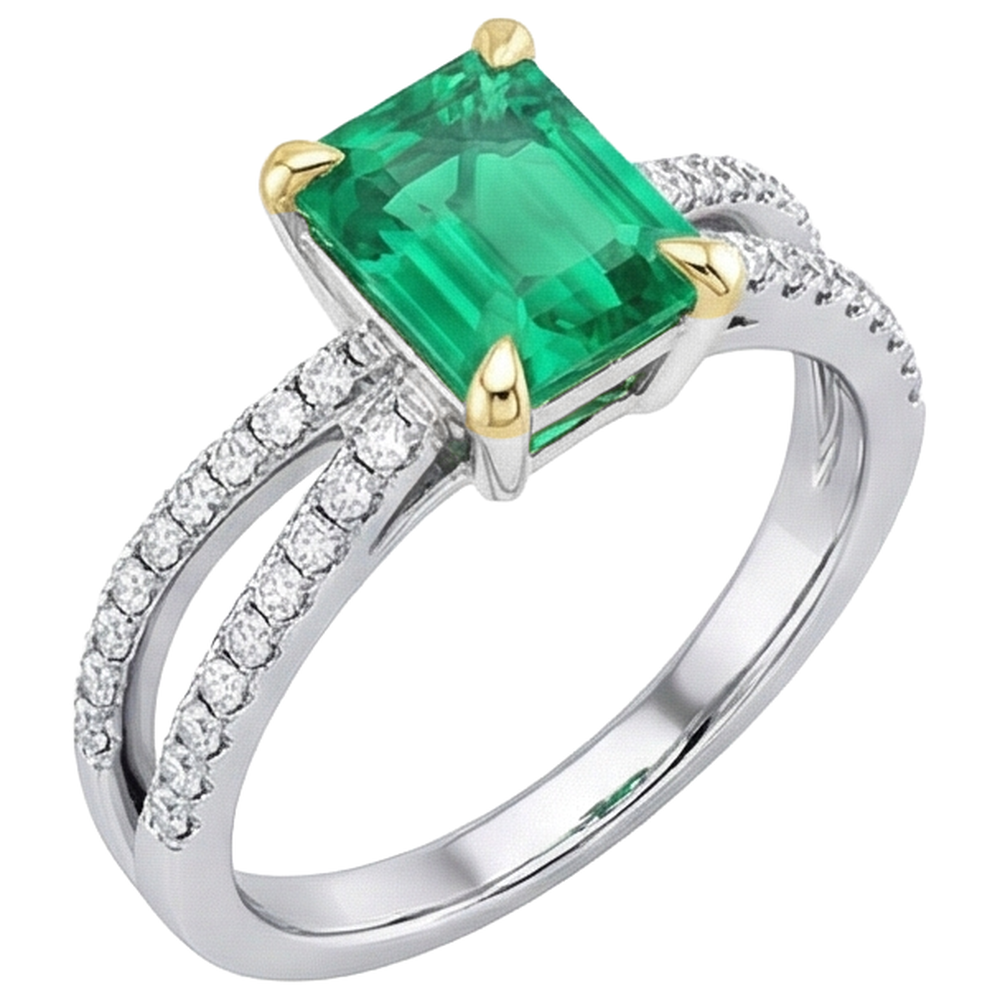 Edler Smaragd Edelstein-Ring 2-Karat Zweifarbiges 14K Gold – Seitenansicht