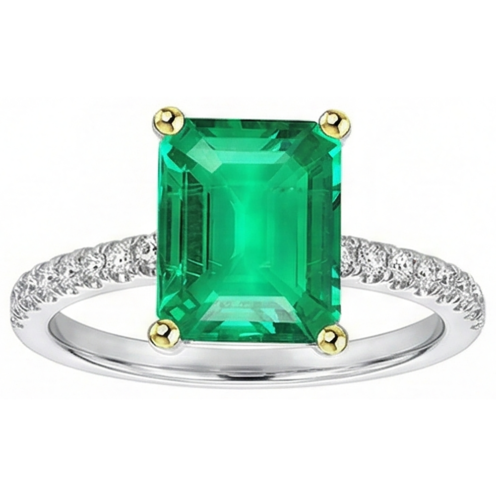 Schmuckstein-Ring 14 Karat Zweifarbig Gold mit Smaragd – Frontansicht