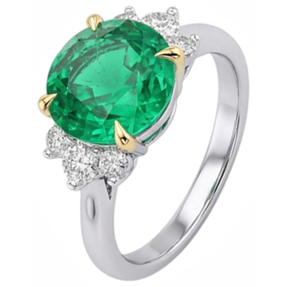 Rund-Brillant Kolumbianischer Smaragd Ring in Bicolor 14K Gold – Seitenansicht
