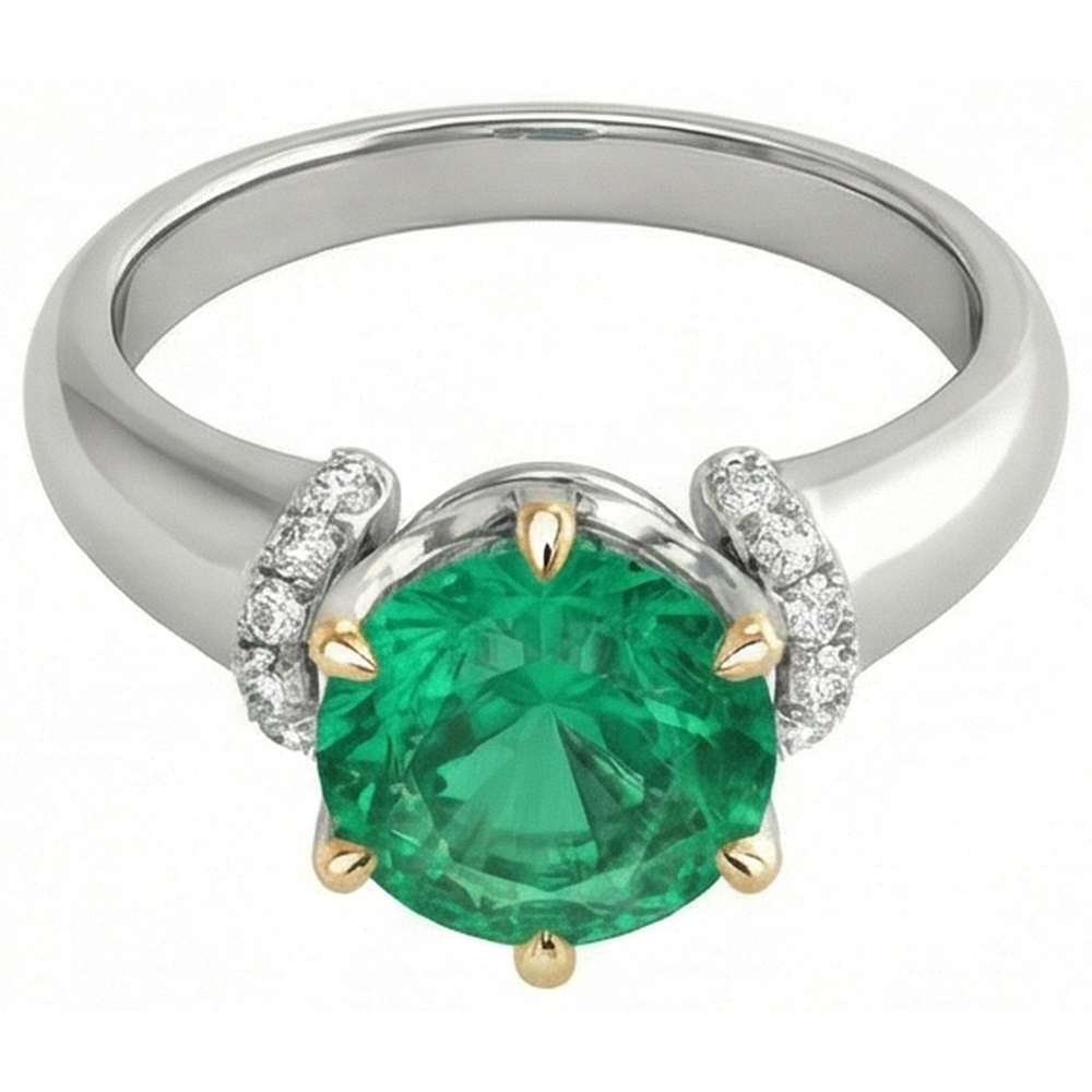 Edler Smaragd Rund-Brillant Edelstein-Ring in Zweifarbiges 14K Gold – Schrägansicht