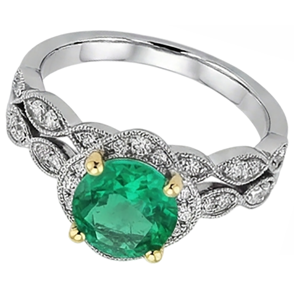 Edler Smaragd Rund-Brillant Edelstein-Ring in 14 Karat Zweifarbig Gold – Frontansicht