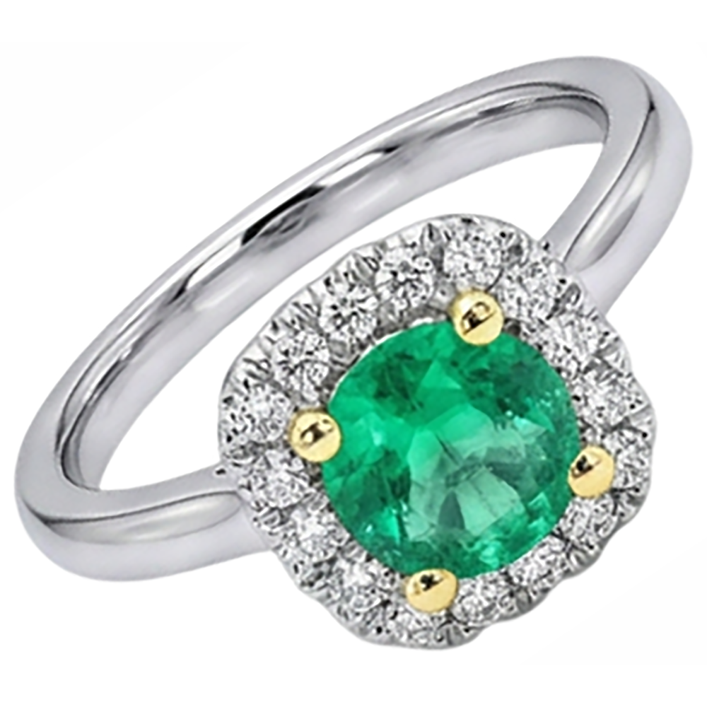 Edler Smaragd Rund-Brillant Farbstein-Ring in Bicolor 14K Gold – Schrägansicht