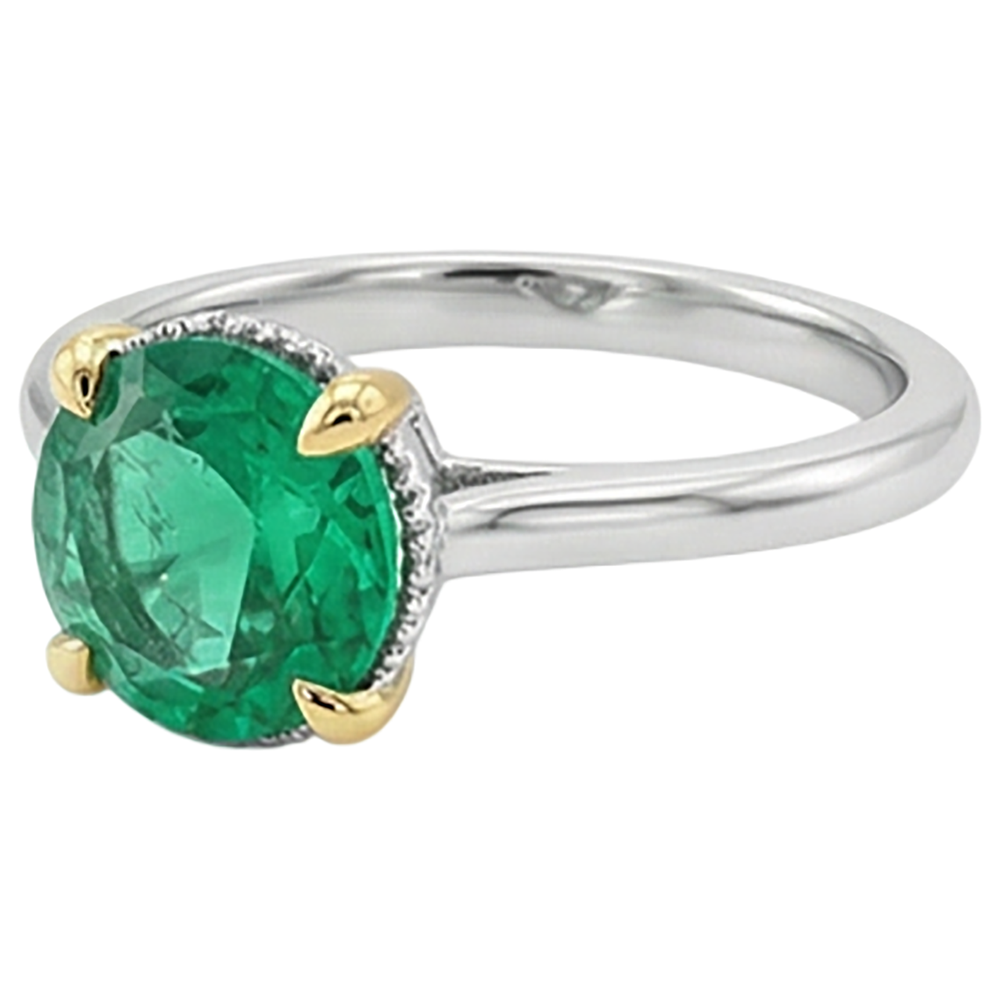 Edler Smaragd Rund-Brillant Farbstein-Ring in Zweifarbiges 14K Gold – Schrägansicht