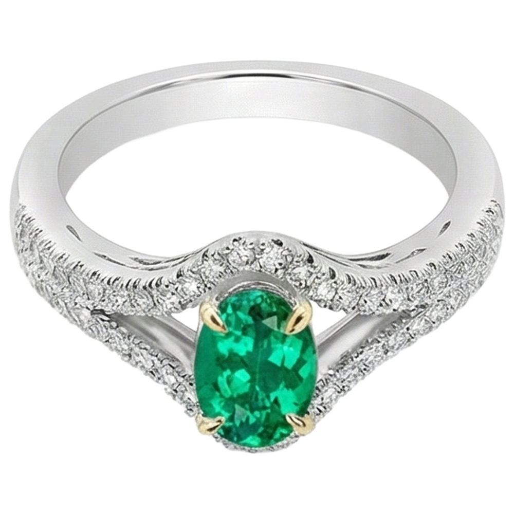 Oval-Schliff Kolumbianischer Smaragd Ring in 14 Karat Zweifarbig Gold – Frontansicht