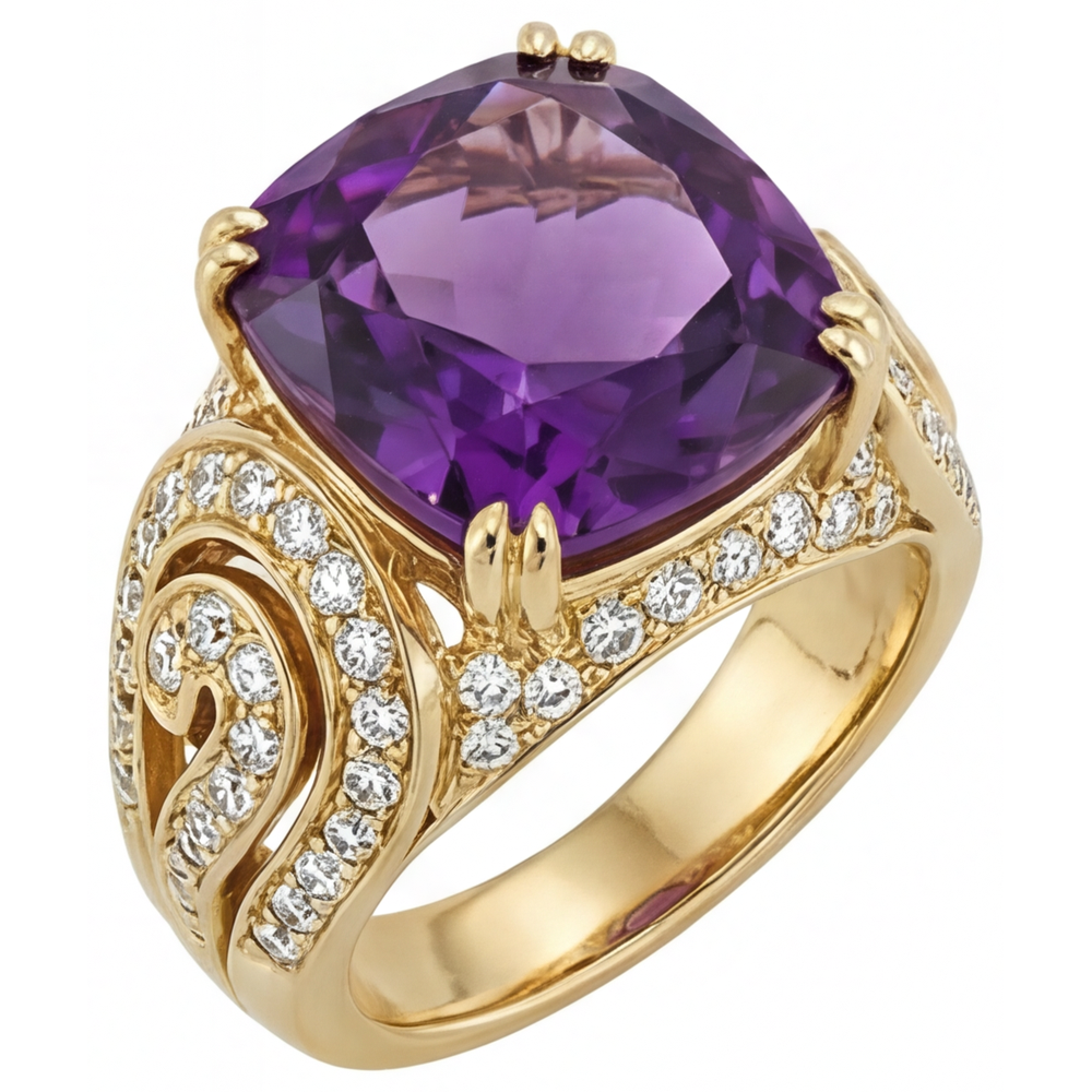 Amethyst Kissen-Schliff Schmuckstein-Ring in 14K Gelbgold – Frontansicht