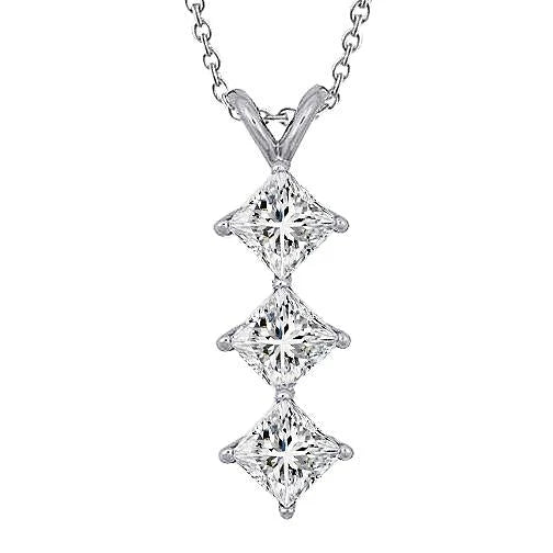 Drei-Steine-Halskette Mit Natürliche Diamant-Anhänger im Prinzessin-Schliff 3 Karat WG 14K