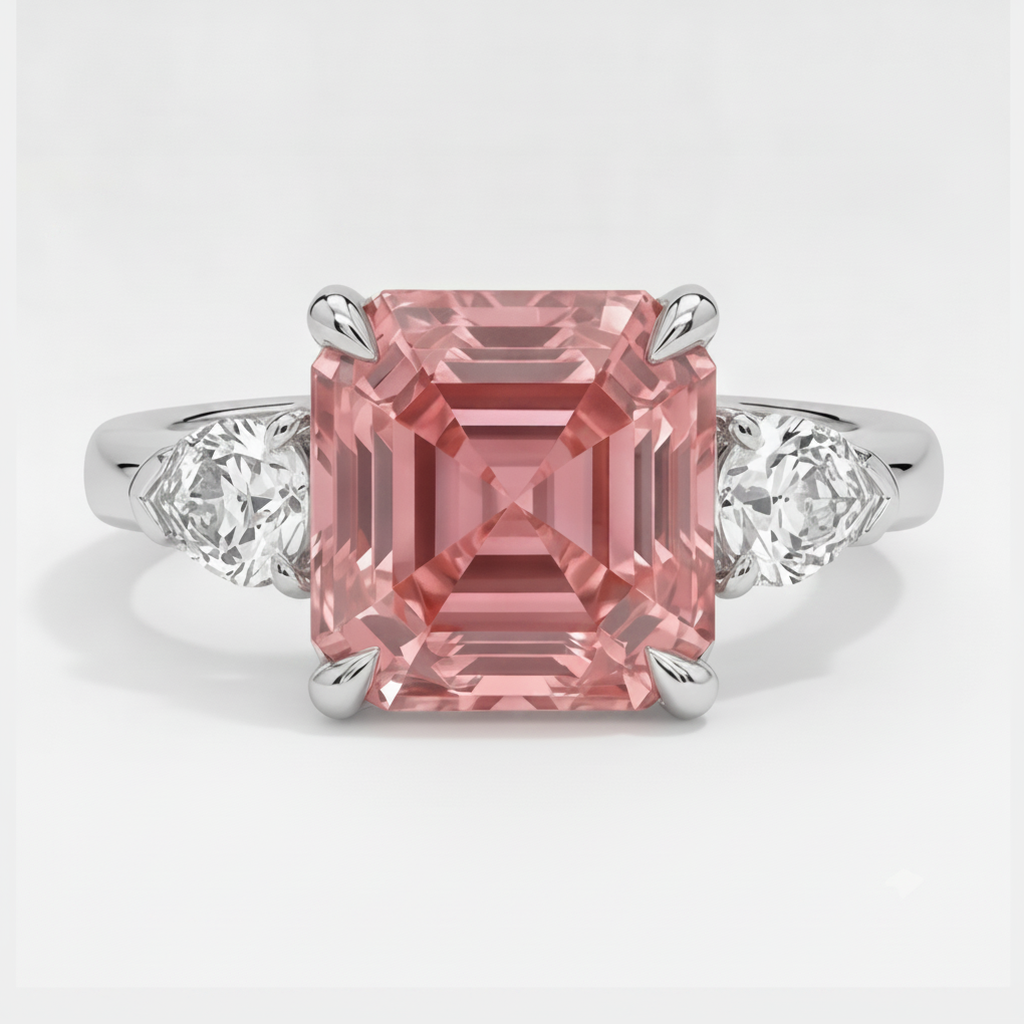 Padparadscha-Saphir-Ring 3,6 Karat, echter Asscher-Schliff und weisse Trillanten, Dreistein-Ring aus Platin