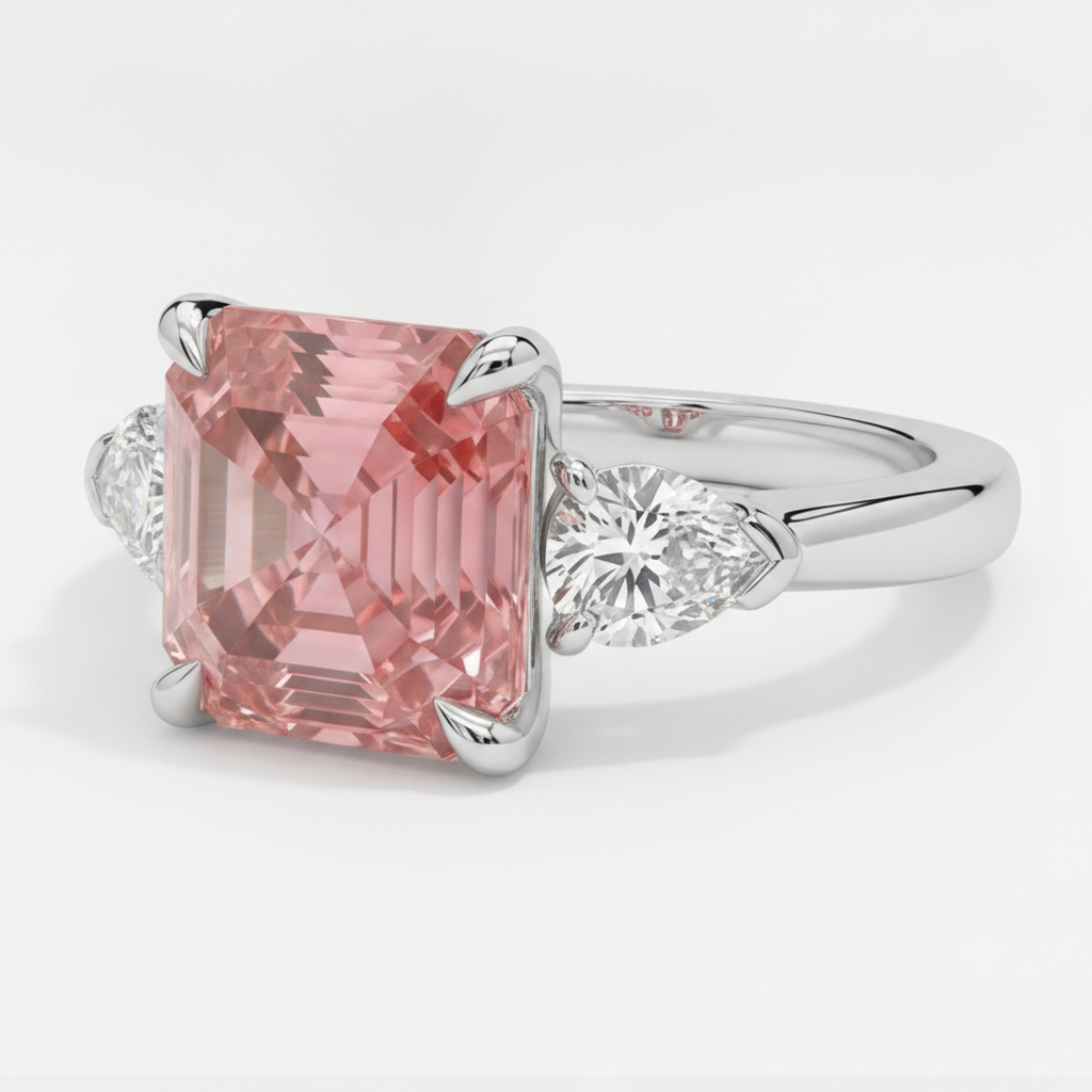 Padparadscha-Saphir-Ring 3,6 Karat, echter Asscher-Schliff und weisse Trillanten, Dreistein-Ring aus Platin