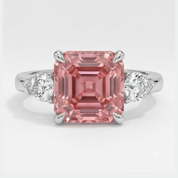 Padparadscha-Saphir-Ring 3,6 Karat, echter Asscher-Schliff und weisse Trillanten, Dreistein-Ring aus Platin