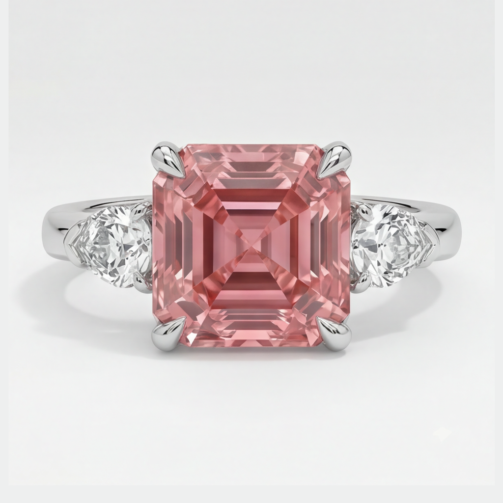 Padparadscha-Saphir-Ring 3,6 Karat, echter Asscher-Schliff und weisse Trillanten, Dreistein-Ring aus Platin