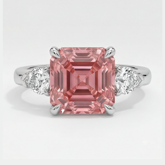 Padparadscha-Saphir-Ring 3,6 Karat, echter Asscher-Schliff und weisse Trillanten, Dreistein-Ring aus Platin