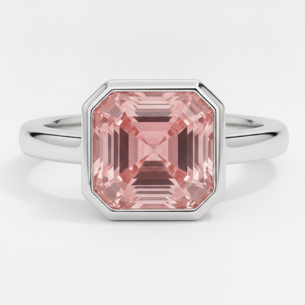 Echter pfirsichfarbener Padparadscha-Saphir 3 Karat Asscher-Schliff Solitärring mit Lünette aus Platin