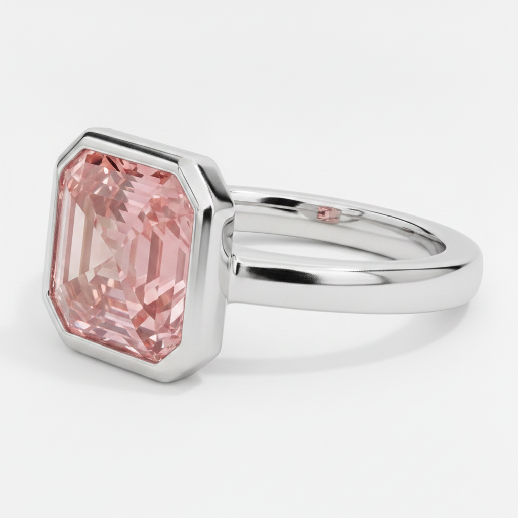 Echter pfirsichfarbener Padparadscha-Saphir 3 Karat Asscher-Schliff Solitärring mit Lünette aus Platin