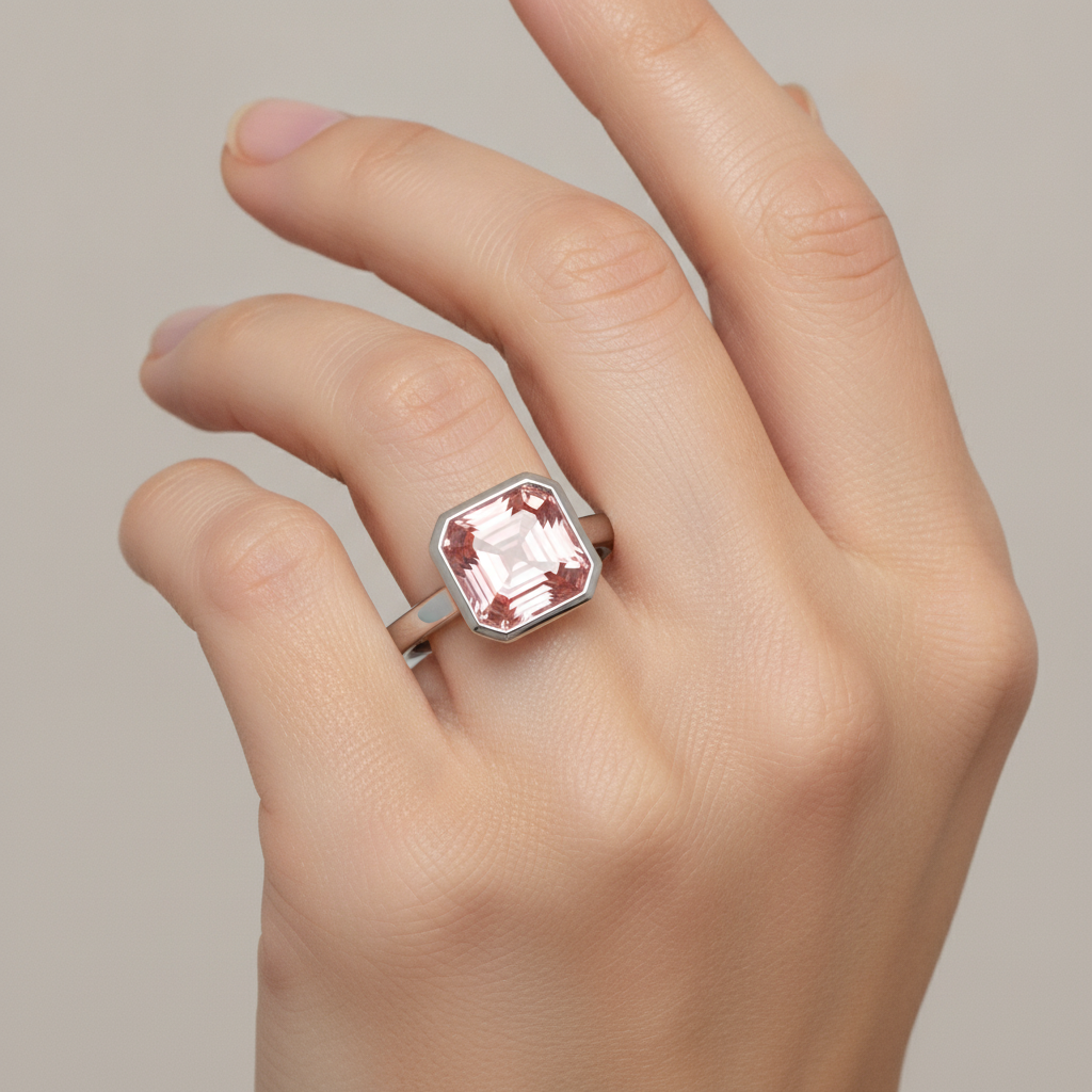 Echter pfirsichfarbener Padparadscha-Saphir 3 Karat Asscher-Schliff Solitärring mit Lünette aus Platin