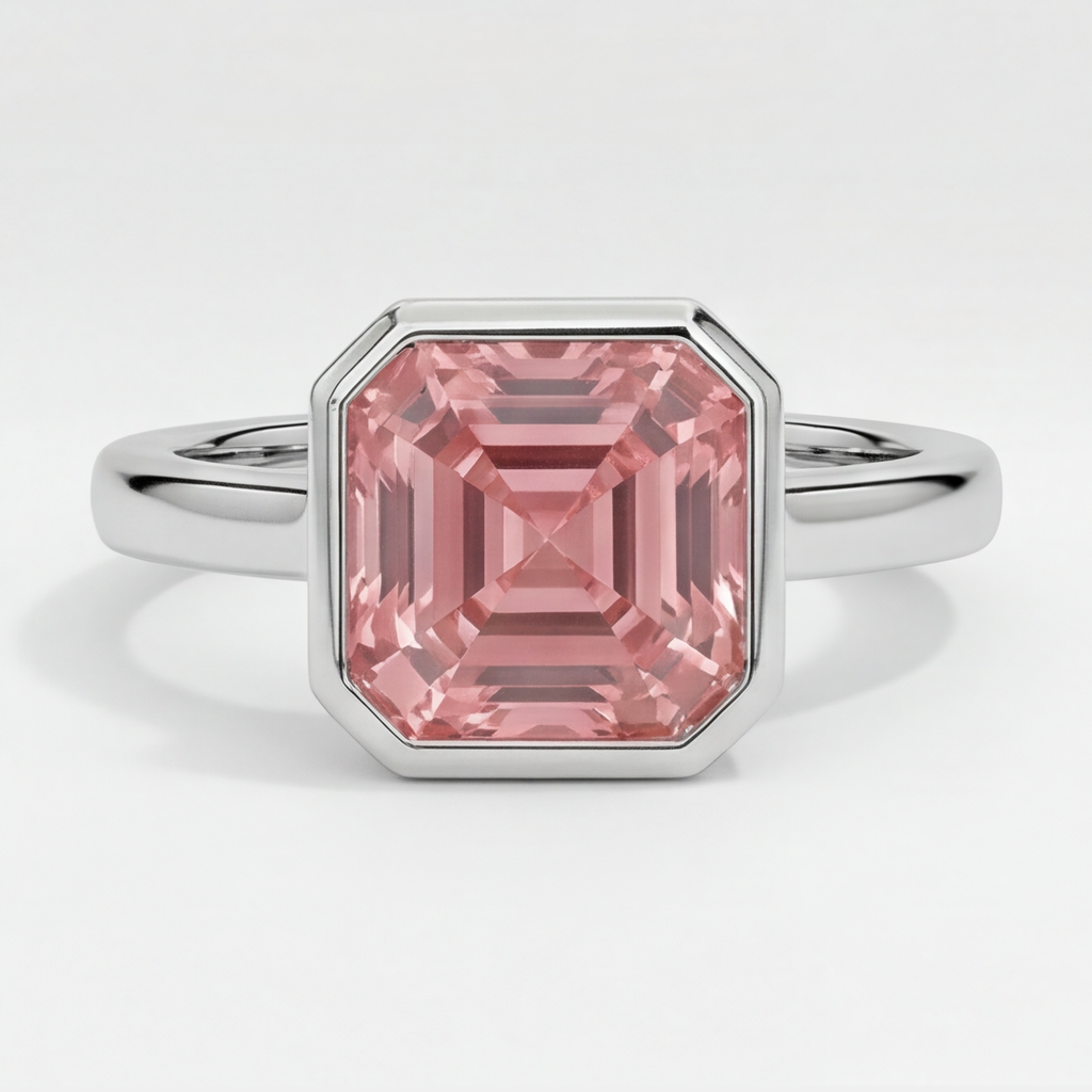 Echter pfirsichfarbener Padparadscha-Saphir 3 Karat Asscher-Schliff Solitärring mit Lünette aus Platin