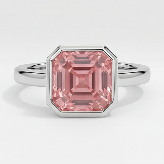 Echter pfirsichfarbener Padparadscha-Saphir 3 Karat Asscher-Schliff Solitärring mit Lünette aus Platin