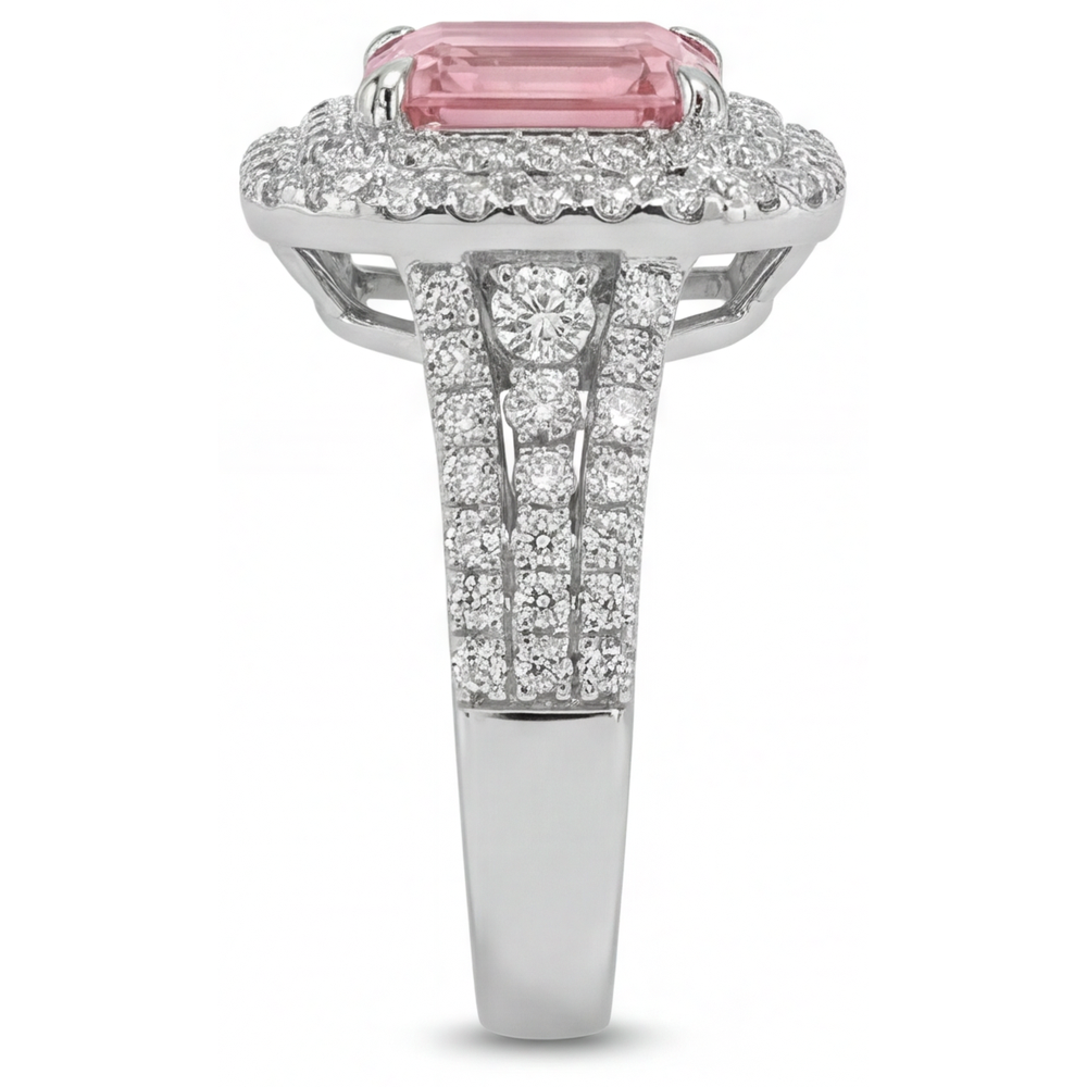 Pfirsichfarbener Padparadscha-Saphir, 4,5 Karat, im Labor gezüchtet, Asscher-Schliff, Doppel-Halo-Ring, 14 Karat Weißgold