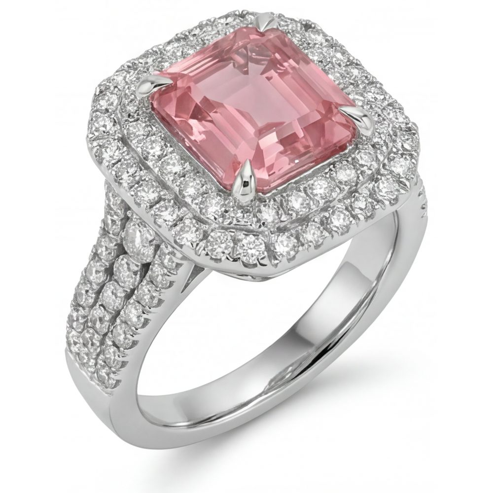 Pfirsichfarbener Padparadscha-Saphir, 4,5 Karat, im Labor gezüchtet, Asscher-Schliff, Doppel-Halo-Ring, 14 Karat Weißgold