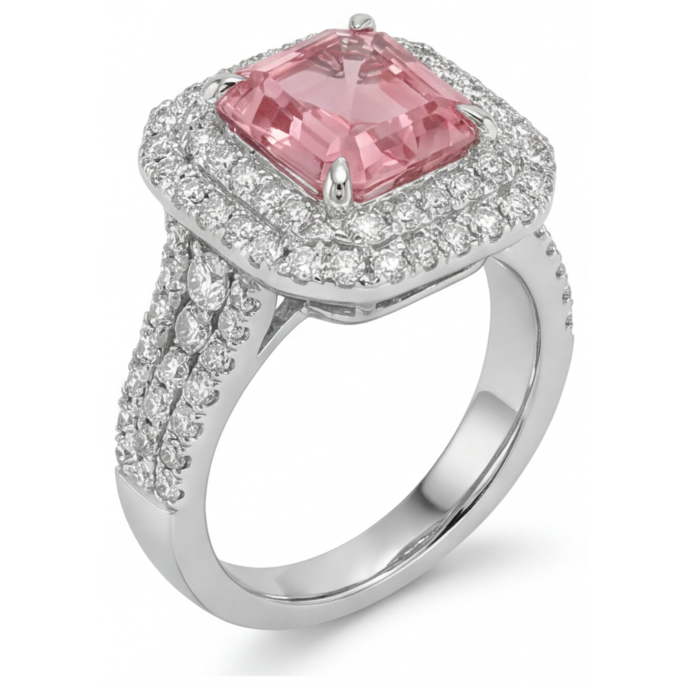 Pfirsichfarbener Padparadscha-Saphir, 4,5 Karat, im Labor gezüchtet, Asscher-Schliff, Doppel-Halo-Ring, 14 Karat Weißgold