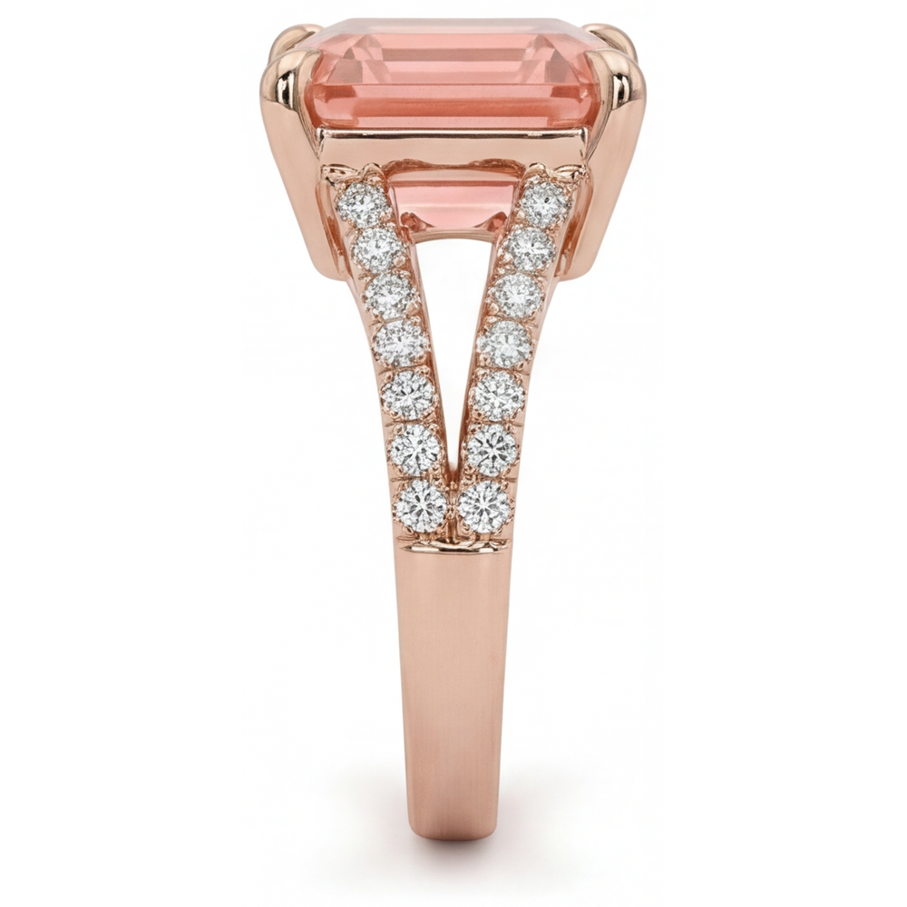 Padparadscha-Saphir-Ring 4,3 Karat im Labor gezüchtet Asscher-Schliff Pavé 14 Karat Roségold