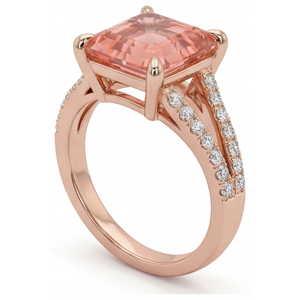 Padparadscha-Saphir-Ring 4,3 Karat im Labor gezüchtet Asscher-Schliff Pavé 14 Karat Roségold