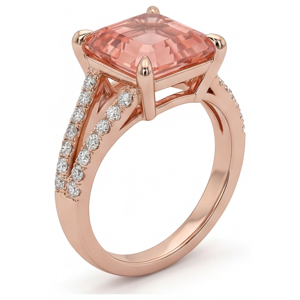 Padparadscha-Saphir-Ring 4,3 Karat im Labor gezüchtet Asscher-Schliff Pavé 14 Karat Roségold