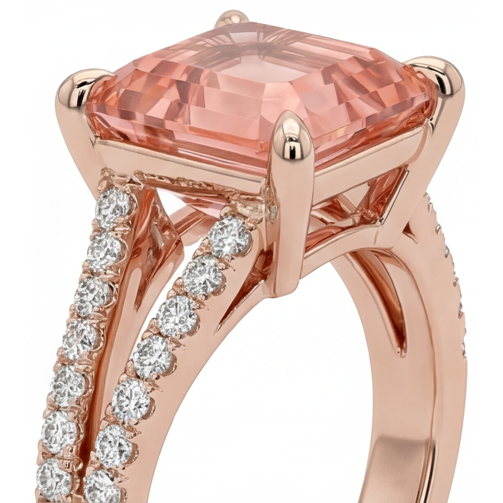 Padparadscha-Saphir-Ring 4,3 Karat im Labor gezüchtet Asscher-Schliff Pavé 14 Karat Roségold