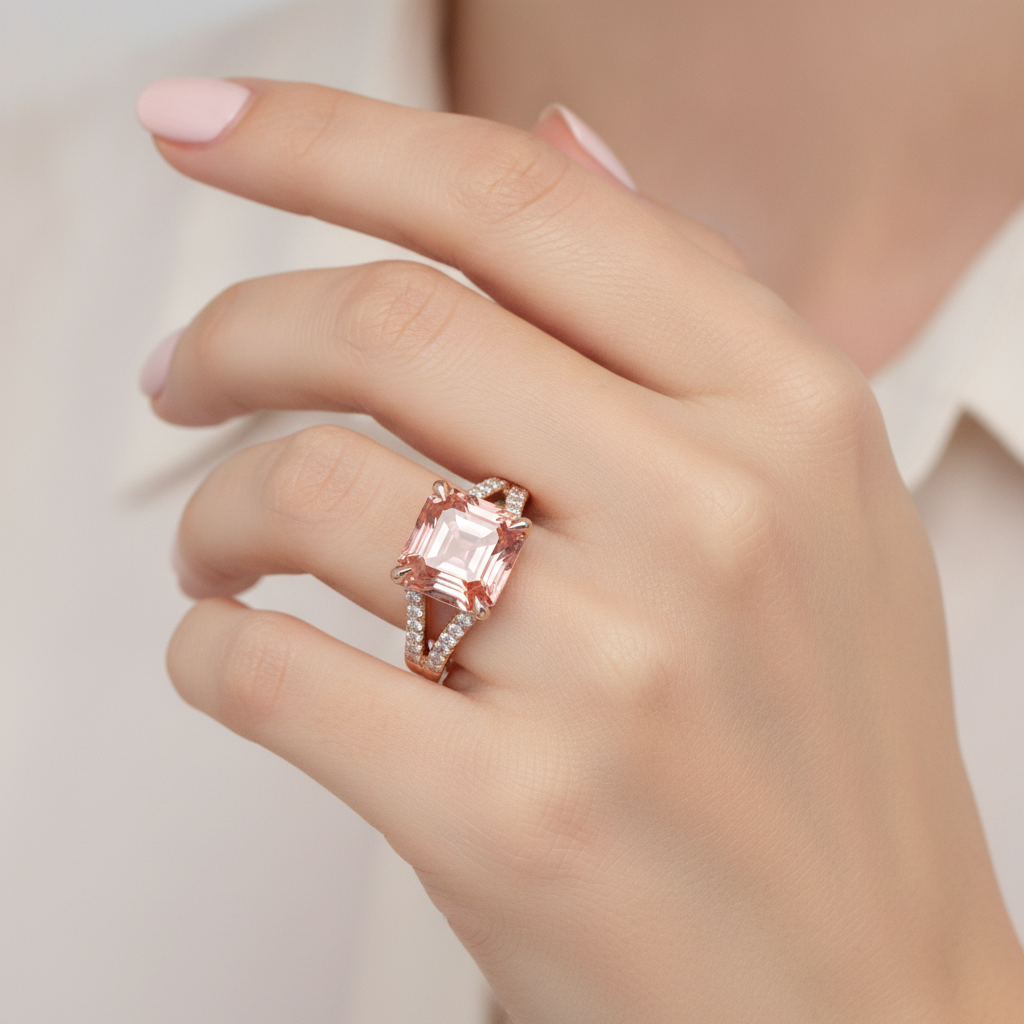 Padparadscha-Saphir-Ring 4,3 Karat im Labor gezüchtet Asscher-Schliff Pavé 14 Karat Roségold