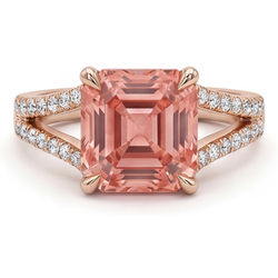 Padparadscha-Saphir-Ring 4,3 Karat im Labor gezüchtet Asscher-Schliff Pavé 14 Karat Roségold