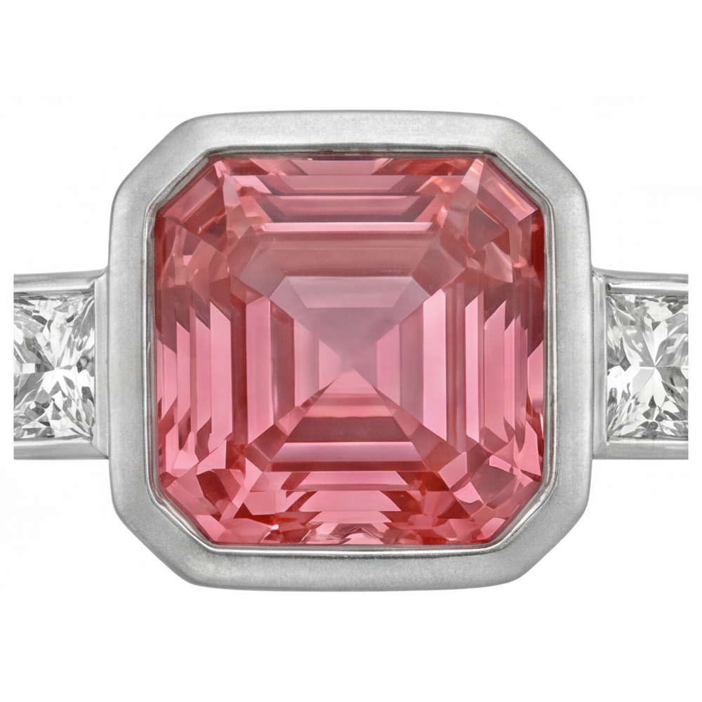 Verlobungsring mit Pfirsich-Saphir, 2,9 Karat natürlicher Asscher-Padparadscha und weisse Baguette-Lünette, Drei-Stein, 14 Karat Gold