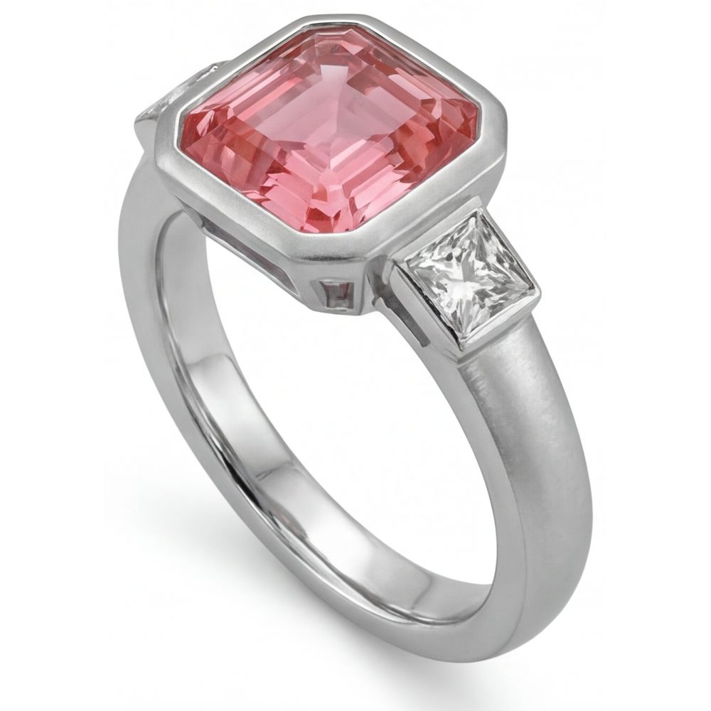 Verlobungsring mit Pfirsich-Saphir, 2,9 Karat natürlicher Asscher-Padparadscha und weisse Baguette-Lünette, Drei-Stein, 14 Karat Gold