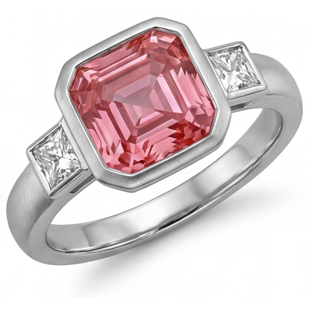 Verlobungsring mit Pfirsich-Saphir, 2,9 Karat natürlicher Asscher-Padparadscha und weisse Baguette-Lünette, Drei-Stein, 14 Karat Gold