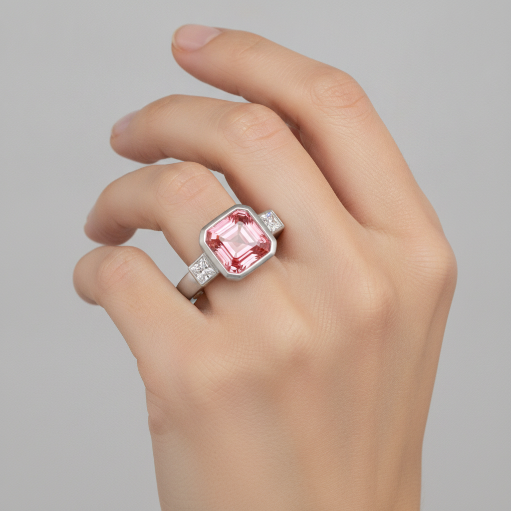 Verlobungsring mit Pfirsich-Saphir, 2,9 Karat natürlicher Asscher-Padparadscha und weisse Baguette-Lünette, Drei-Stein, 14 Karat Gold