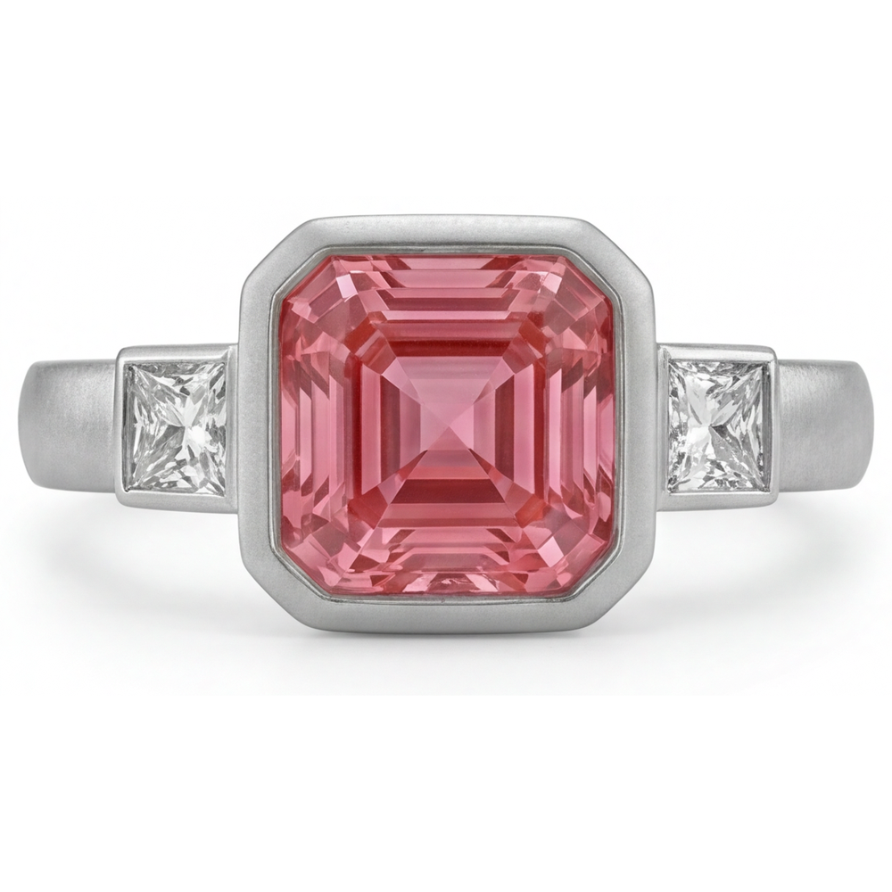 Verlobungsring mit Pfirsich-Saphir, 2,9 Karat natürlicher Asscher-Padparadscha und weisse Baguette-Lünette, Drei-Stein, 14 Karat Gold