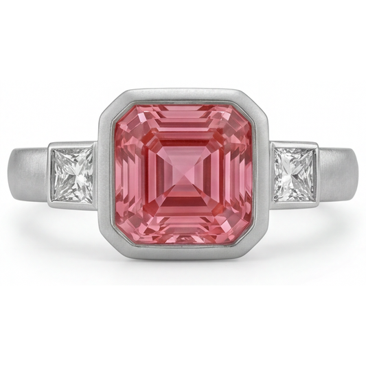 Verlobungsring mit Pfirsich-Saphir, 2,9 Karat natürlicher Asscher-Padparadscha und weisse Baguette-Lünette, Drei-Stein, 14 Karat Gold