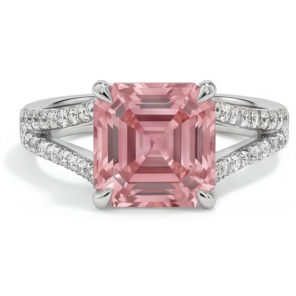 Natürlicher Pfirsich-Padparadscha-Saphir Pavé-Ring im Asscher-Schliff, 3,8 Karat, 14 Karat Weißgold