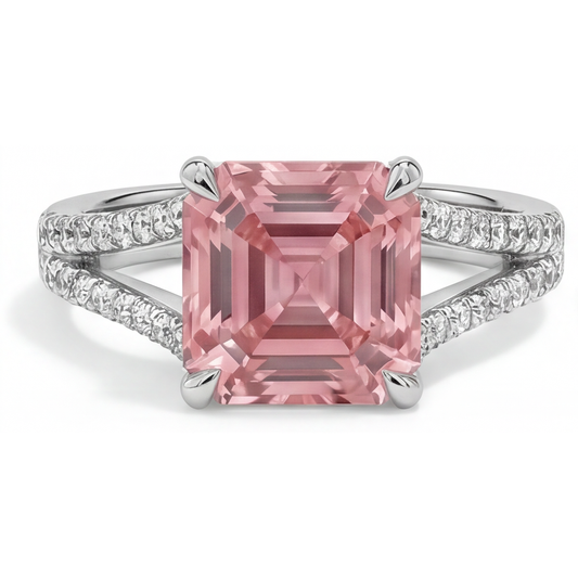 Natürlicher Pfirsich-Padparadscha-Saphir Pavé-Ring im Asscher-Schliff, 3,8 Karat, 14 Karat Weißgold