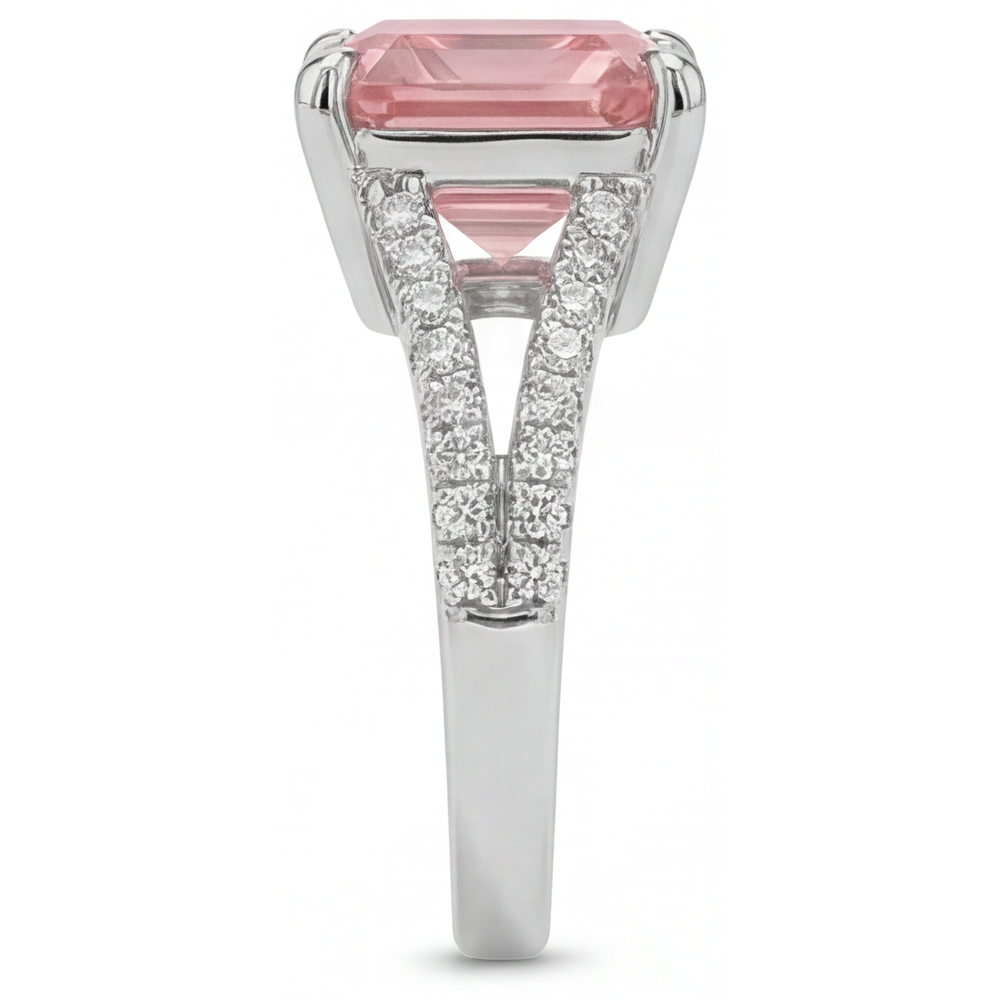 Natürlicher Pfirsich-Padparadscha-Saphir Pavé-Ring im Asscher-Schliff, 3,8 Karat, 14 Karat Weißgold