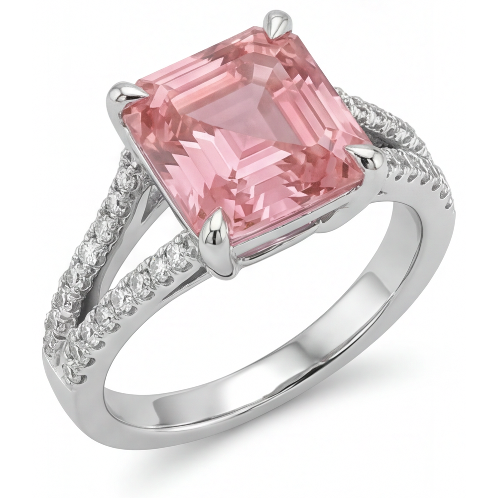 Verlobungsring mit pfirsichfarbenem Padparadscha-Saphir, 3,8 Karat, natürlicher Asscher-Schliff, Pavé, 14 Karat Weißgold
