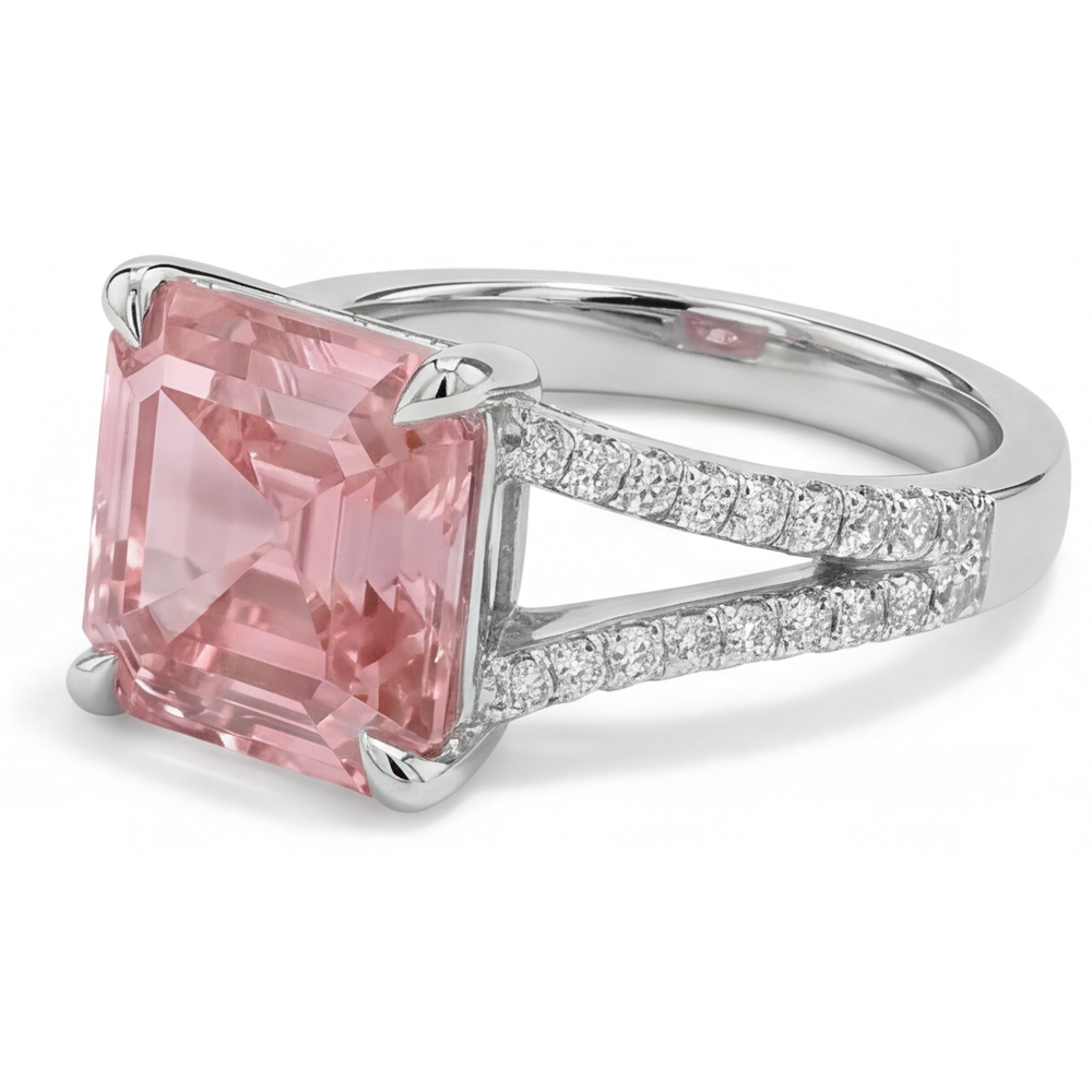 Natürlicher Pfirsich-Padparadscha-Saphir Pavé-Ring im Asscher-Schliff, 3,8 Karat, 14 Karat Weißgold