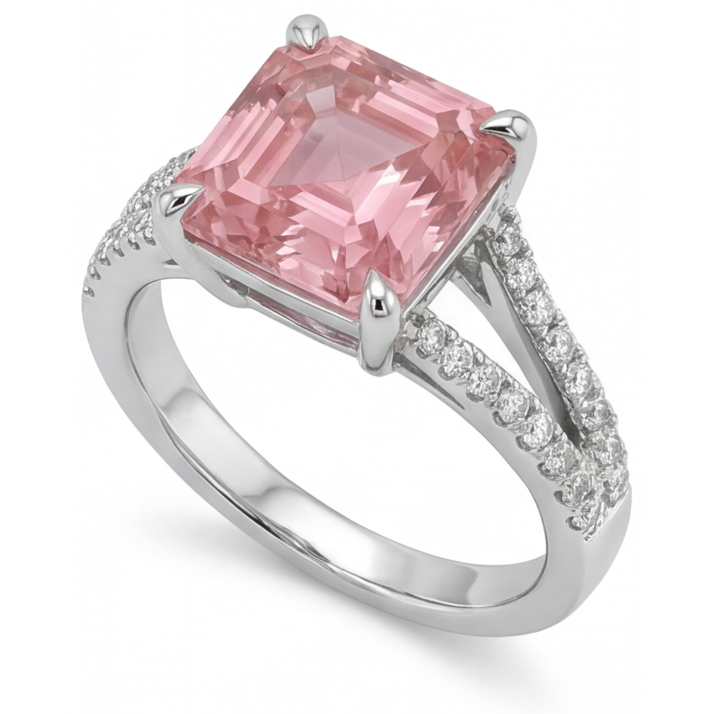 Verlobungsring mit pfirsichfarbenem Padparadscha-Saphir, 3,8 Karat, natürlicher Asscher-Schliff, Pavé, 14 Karat Weißgold