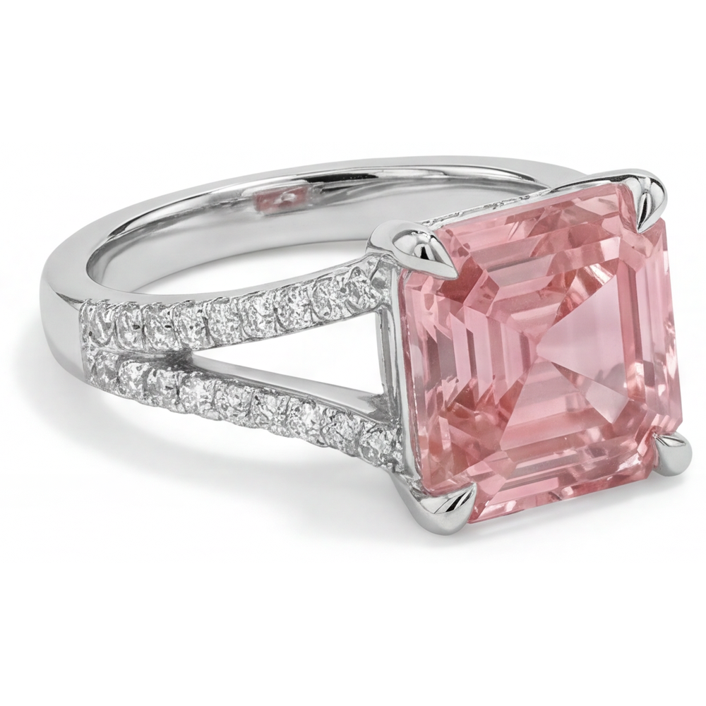 Natürlicher Pfirsich-Padparadscha-Saphir Pavé-Ring im Asscher-Schliff, 3,8 Karat, 14 Karat Weißgold