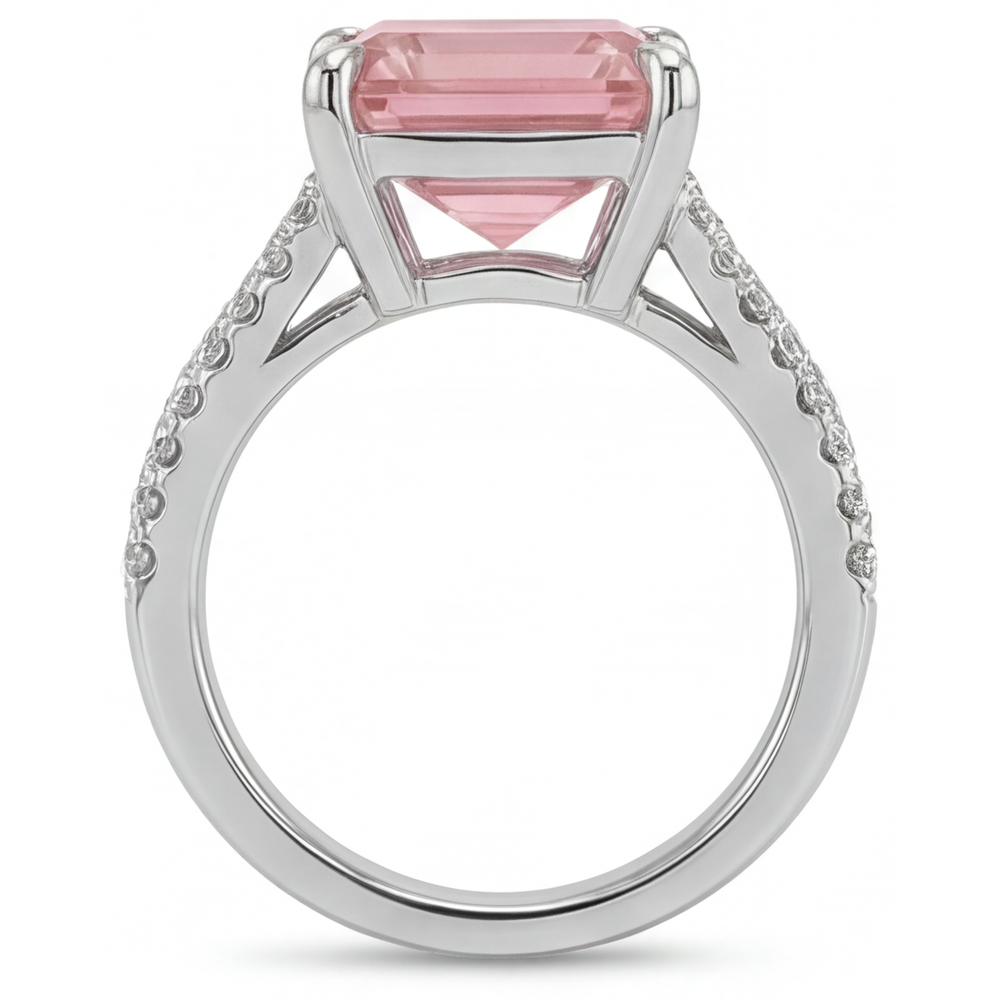 Verlobungsring mit pfirsichfarbenem Padparadscha-Saphir, 3,8 Karat, natürlicher Asscher-Schliff, Pavé, 14 Karat Weißgold