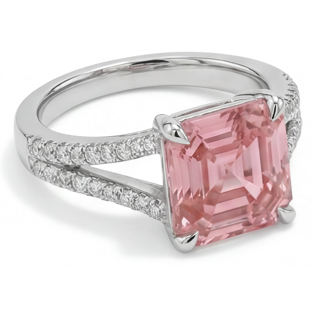 Natürlicher Pfirsich-Padparadscha-Saphir Pavé-Ring im Asscher-Schliff, 3,8 Karat, 14 Karat Weißgold
