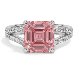 Verlobungsring mit pfirsichfarbenem Padparadscha-Saphir, 3,8 Karat, natürlicher Asscher-Schliff, Pavé, 14 Karat Weißgold